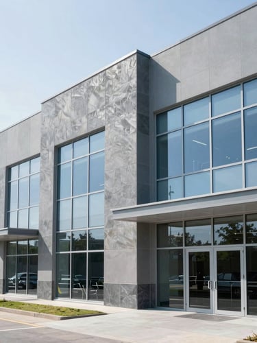 Wide shot of a clean modern commercial facility exterior, crisp cool daylight, slate gray structural panels and technical light blue glass reflections, sharp focus, 35mm