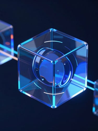 Sleek 3D render of abstract glass data structures, deep blue and neon accents, dark background, cinematic lighting, octane render