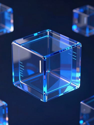 Sleek 3D render of abstract glass data structures, deep blue and neon accents, dark background, cinematic lighting, octane render