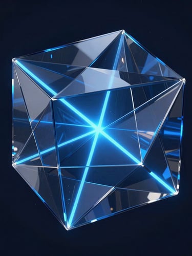 Sleek 3D render of an abstract glass data structure with sharp geometric facets, glowing neon blue light path running through the center, dark navy background, cinematic studio lighting, octane render