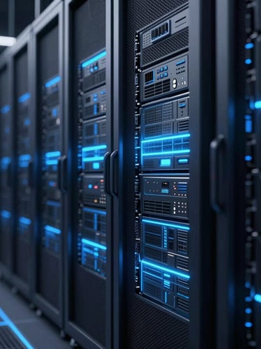 Sleek architectural shot of a modern server environment, cool-toned studio light, glowing blue data tracks, cinematic depth of field