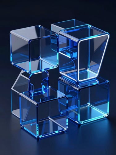 Sleek 3D render of abstract glass data structures, deep blue and neon accents, dark background, cinematic lighting, octane render