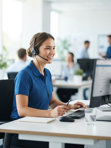 Approachable customer support specialist wearing a headset in a bright, modern office, clean daylight, professional blue tones, shallow depth of field