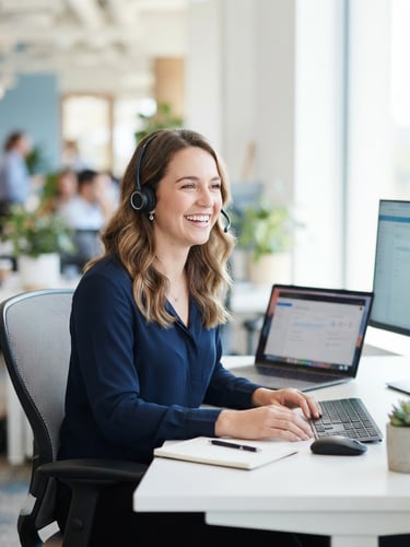 Approachable female customer support agent with headset smiling in a bright, clean office environment, natural daylight, soft blue tones, shallow depth of field