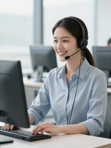 Approachable customer support agent with a headset smiling in a bright, modern office with soft natural light, professional blue and slate gray tones.