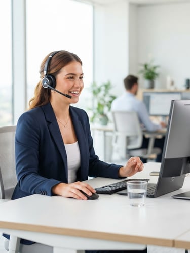 Bright, high-key corporate photography of a professional customer support agent with headset in a clean office environment with soft natural window light