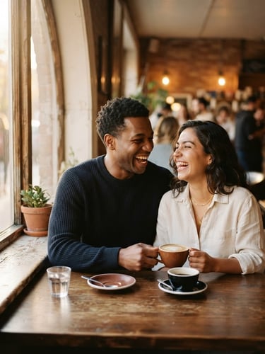 Diverse couple laughing over coffee in a sunlit cafe, warm editorial photography, soft golden-hour window light, muted cream and navy tones, shallow depth of field, 35mm