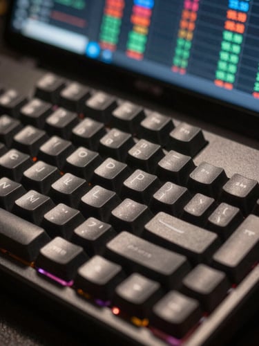 Tight macro crop of a trader's mechanical keyboard and a glowing screen showing pre-market volume profiles and levels in low ambient light.