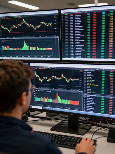 Over-the-shoulder view of a professional trading terminal displaying live order book depth, time and sales tape cascading in real-time.
