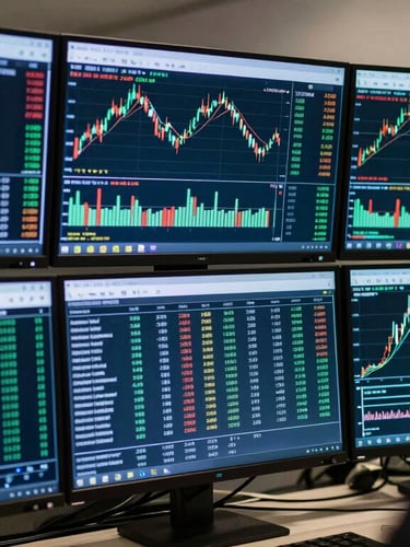 Close-up over-the-shoulder view of a professional trading terminal in a dimly lit room, multiple monitors displaying complex candlestick charts and real-time order flow ladders, cool blue and green screen glow illuminating the desk.