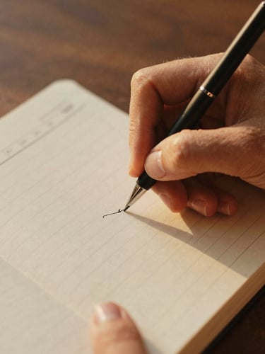 Close-up detail shot of hands writing in a hand-written budget planner, soft golden-hour light, rich earthy tones, 35mm film aesthetic.