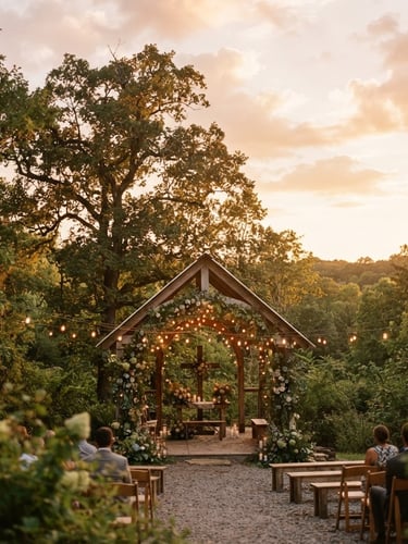 Warm golden-hour photo of a simple outdoor Arkansas chapel, string lights over the altar, natural greenery, soft focus, 35mm film aesthetic, low horizon, expansive sky.