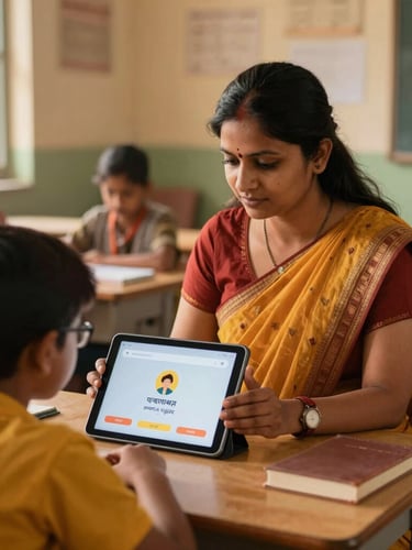 Medium shot of an Indian woman teacher in a bright classroom, helping a student use a tablet with a vernacular learning app, warm natural light, authentic details, focus on engagement.