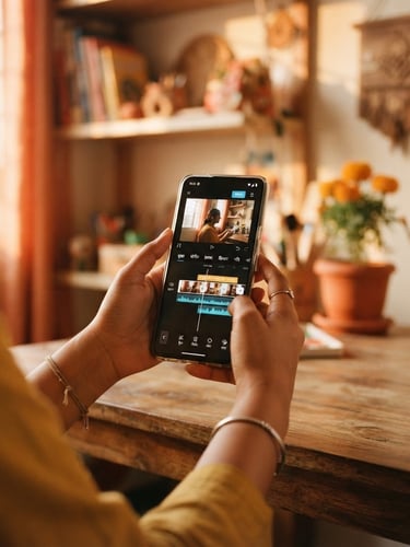 Close-up of an Indian creator's hands holding a smartphone, showing a video editing app with Hindi text, in a home studio with warm natural light.