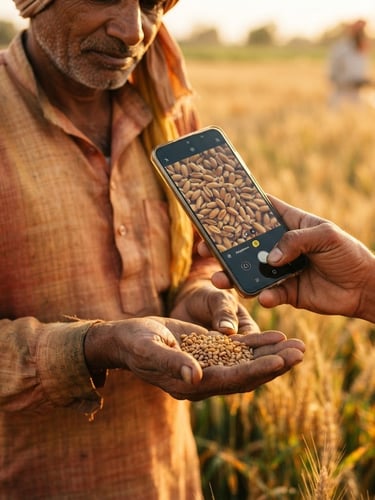 Authentic Indian farmer in a field at golden hour, holding a smartphone to inspect grains, rich terracotta and marigold tones, close-up on hands and phone screen showing UI, natural light.