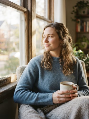 A young adult sitting by a sunlit window, holding a warm ceramic mug, looking out thoughtfully with a soft smile, 35mm, shallow depth of field