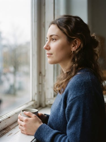 Candid portrait of a young adult looking out of a window with soft overcast daylight, calm expression, intimate shallow depth of field, 35mm photography