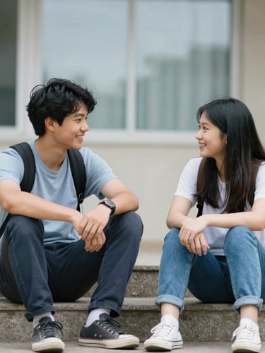 Candid environmental shot of two college students sitting on steps outside, talking warmly, soft natural overcast light, shallow depth of field, 35mm