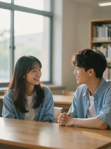 Candid environmental shot of two young adults talking and laughing in a sunlit library, soft golden hour lighting, shallow depth of field