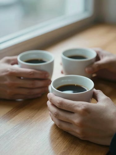 Close-up of hands holding warm coffee cups on a wooden table, soft natural window light, intimate shallow depth of field