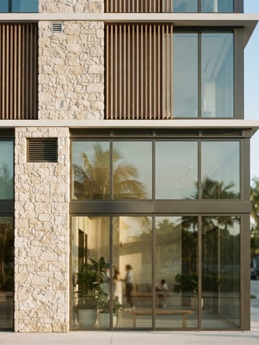 Warm editorial architectural photography of a sunlit modern stone and glass building facade in Pompano Beach, soft natural window light, muted neutral tones, 35mm, shallow depth of field