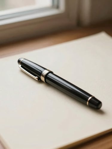 Close-up of a premium fountain pen resting on high-quality cream paper on a wooden desk, soft diffused natural window light, warm editorial photography style, shallow depth of field