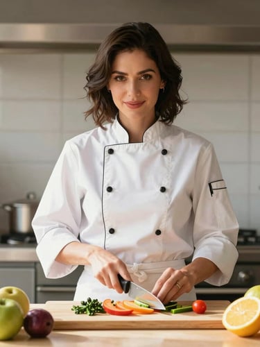 Editorial portrait of chef Ana in a bright kitchen, slicing fresh tropical ingredients, sharp focus, shallow depth of field, warm sun-drenched lighting.