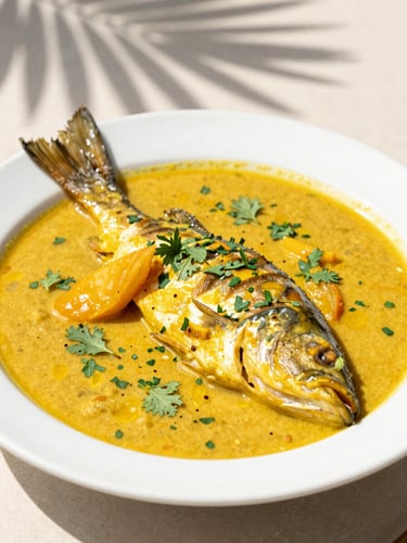 Editorial overhead shot of a vibrant Brazilian fish dish with tucupi broth, garnished with fresh herbs, bathed in bright sunny daylight with soft palm leaf shadows.