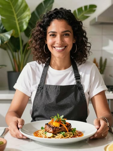 A vibrant, sun-drenched portrait of culinary artist Ana plating a modern Brazilian dish in a bright, clean kitchen with tropical green leaves in the background.