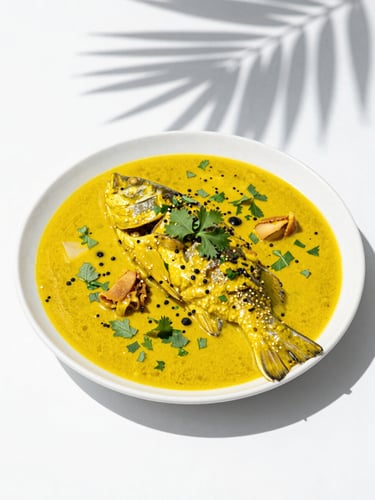 Overhead shot of a vibrant plated river-fish dish with bright yellow tucupi sauce and fresh herbs, intense sunny daylight casting sharp palm leaf shadows on a clean white surface