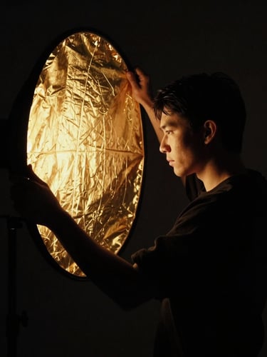 Dramatic high-contrast chiaroscuro studio portrait of a photographer sculpting light with a gold reflector, deep shadows, medium format film aesthetic