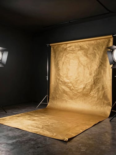 Wide cinematic shot of a high-end luxury photography studio in Mumbai, dark sleek walls, premium lighting gear, a gold backdrop partially visible, dramatic chiaroscuro atmosphere