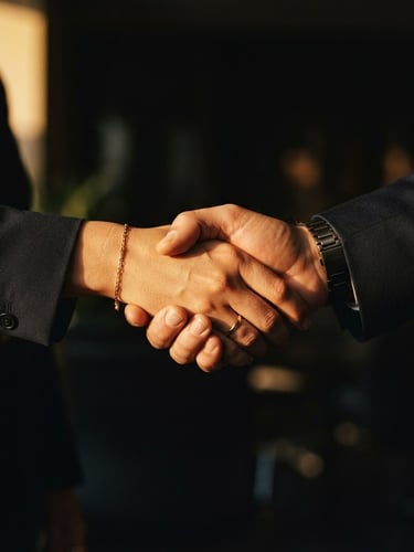 Dignified editorial photograph of hands clasped in cooperation, golden light highlighting the connection, deep shadows, professional and authoritative tone, 35mm lens, wide shot.