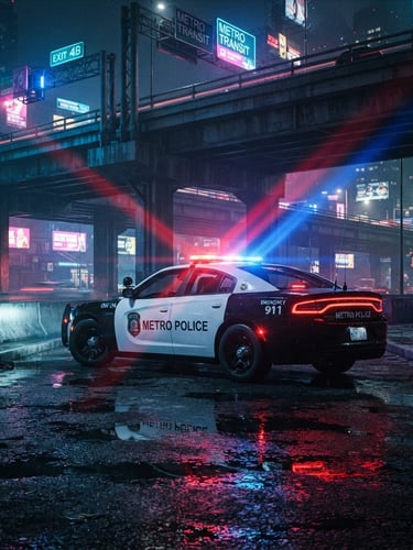 Cinematic game photography of a modern police cruiser parked under a neon-lit overpass at night, red and blue emergency strobes casting sharp volumetric light beams across wet asphalt, high-contrast tactical atmosphere, 35mm