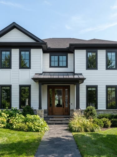 Straight-on medium shot of a freshly painted modern home exterior, crisp white siding, clean charcoal trim, bright natural daylight, sharp focus