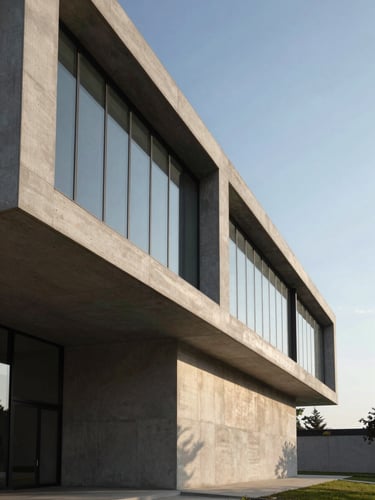 Vista angular de una estructura arquitectónica minimalista de hormigón y vidrio, líneas geométricas limpias que sugieren orden y solidez, luz natural de mañana con sombras suaves.