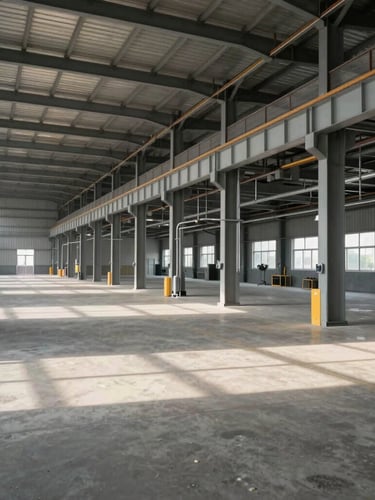 Wide environmental shot of a modern, sunlit industrial workshop with clean lines, concrete floor, and structural steel beams under soft daylight.