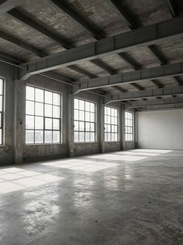 Wide architectural shot of a modern, clean industrial workspace with natural light streaming through high windows, concrete floors, and steel beams, minimalist composition.