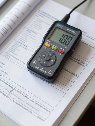 Close-up overhead shot of a technical measurement report spread open on a desk, a digital sound level meter placed on top of printed data tables, even diffused daylight, no people visible, crisp document detail