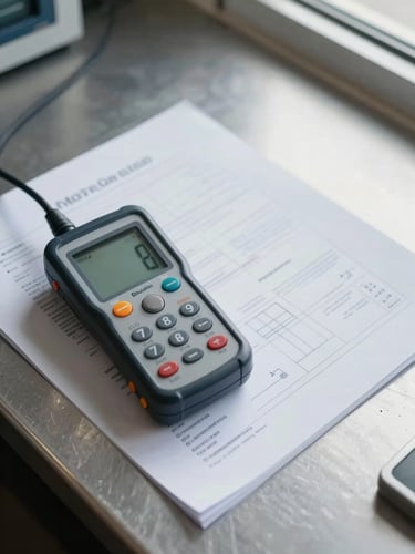 Close-up overhead shot of a printed technical report on a metal desk, a digital sound level meter placed precisely on the document, measurement readout visible, even daylight from a factory window casting no shadows — clinical documentation clarity