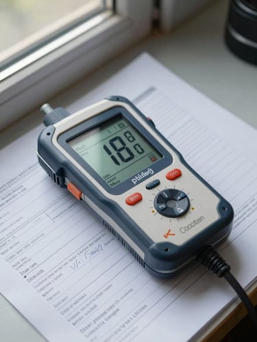 Close overhead framing of a calibrated digital noise dosimeter resting on a printed technical data sheet, measurement values clearly displayed on the screen, soft daylight from a factory window illuminating the instrument face and handwritten field annotations on the form beneath it