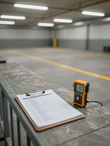 Wide environmental shot of an industrial floor audit in progress — no people present, only a clipboard with a printed checklist clipped to a metal railing, a calibrated lux meter placed on a concrete surface nearby, overhead fluorescent lighting casting even illumination across the marked hazard zone lines painted on the floor, slight depth of field pulling focus to the measurement device