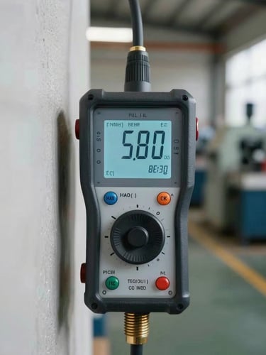 Close-up of a calibrated sound level meter held against a factory floor wall, digital readout clearly visible, even industrial daylight, measuring instrument in sharp focus against blurred machinery in background
