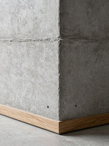 Close-up architectural detail of a concrete wall meeting a flush oak threshold at floor level, photographed in diffuse north-facing daylight. The frame is vertical, filling the column edge-to-edge. Material grain and the precision of the joint are the subject; no people, no props.