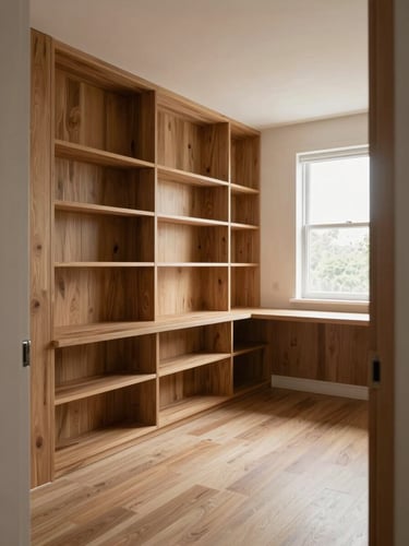 Wide environmental shot of a converted home office space, built-in oak shelving along one wall, integrated desk at window with north-facing diffuse light, no clutter or props, room photographed from the doorway to show spatial layout and storage proportion