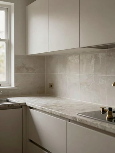 Close-up wide shot of a renovated kitchen, matte ceramic tile splashback with visible grout joints, custom lacquered cabinetry in warm white, brass tap over stone sink, overcast natural light from a side window, photographed from counter height to show material depth and cabinet proportion