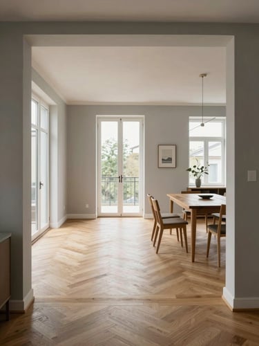 Environmental wide shot of a completely renovated apartment living and dining area, natural daylight through full-height windows, warm gray lime plaster walls, pale oak herringbone flooring, clean architectural lines, photographed from the entrance axis to show spatial flow and room proportion
