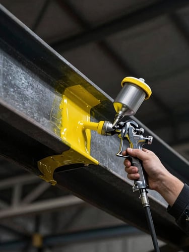 Close-up of a professional airless spray gun applying a thick, uniform yellow protective coating onto a massive dark steel structural beam, industrial environment, dramatic lighting, 35mm lens