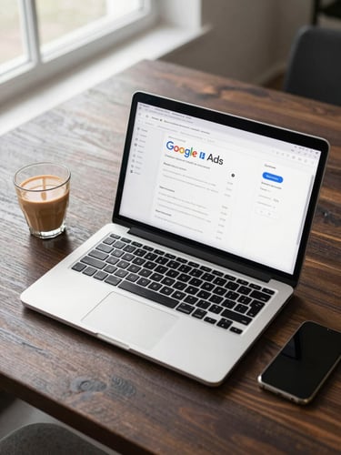 Overhead shot of a laptop displaying a Google Ads dashboard on a dark wooden desk, a chai glass beside it, natural daylight from a window casting soft shadows, clean and uncluttered