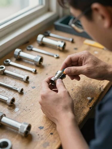 Close-up overhead shot of a technician's hands measuring pipe fittings on a workshop bench, steel tools laid flat on a worn wooden surface, clean natural daylight from a side window, documentary framing